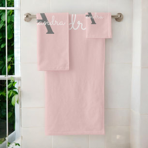 Blush Pink Grey Modern Script Girly Monogram Name Bath Towel Set