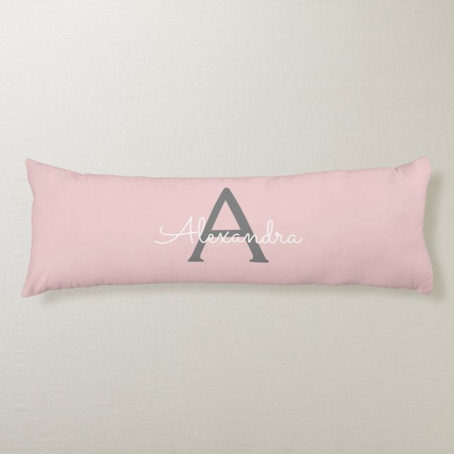 Blush Pink Grey Modern Script Girly Monogram Name Body Cushion (Front)
