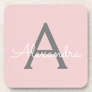 Blush Pink Grey Modern Script Girly Monogram Name Coaster