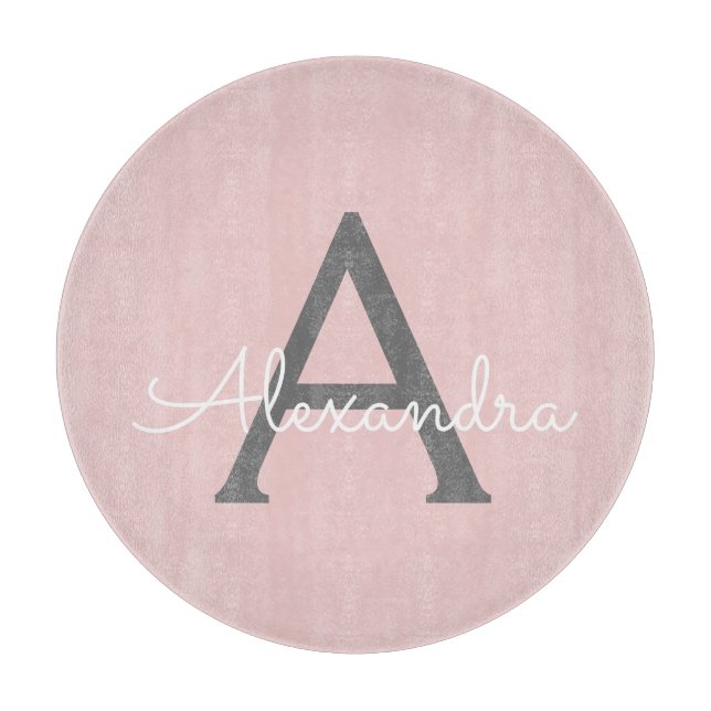 Blush Pink Grey Modern Script Girly Monogram Name Cutting Board (Front)
