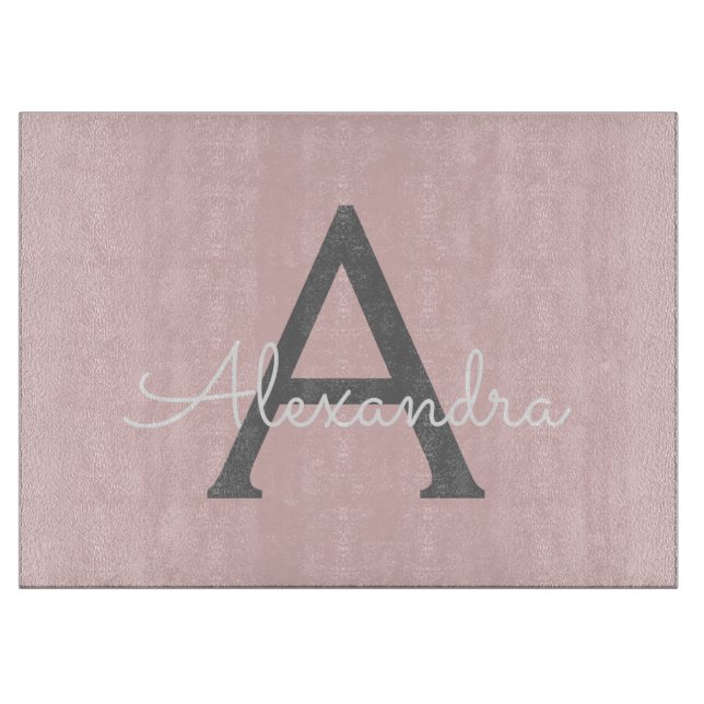 Blush Pink Grey Modern Script Girly Monogram Name Cutting Board (Front)