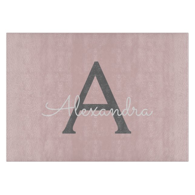 Blush Pink Grey Modern Script Girly Monogram Name Cutting Board (Front)