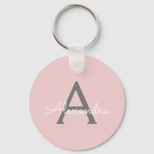 Blush Pink Grey Modern Script Girly Monogram Name Key Ring