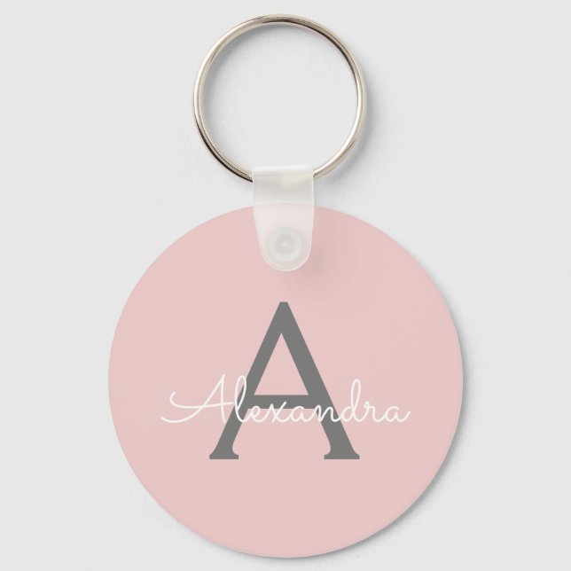 Blush Pink Grey Modern Script Girly Monogram Name Key Ring (Front)
