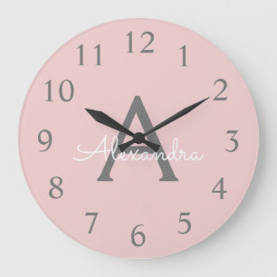 Blush Pink Grey Modern Script Girly Monogram Name Large Clock