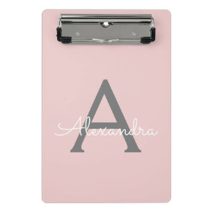 Blush Pink Grey Modern Script Girly Monogram Name Mini Clipboard