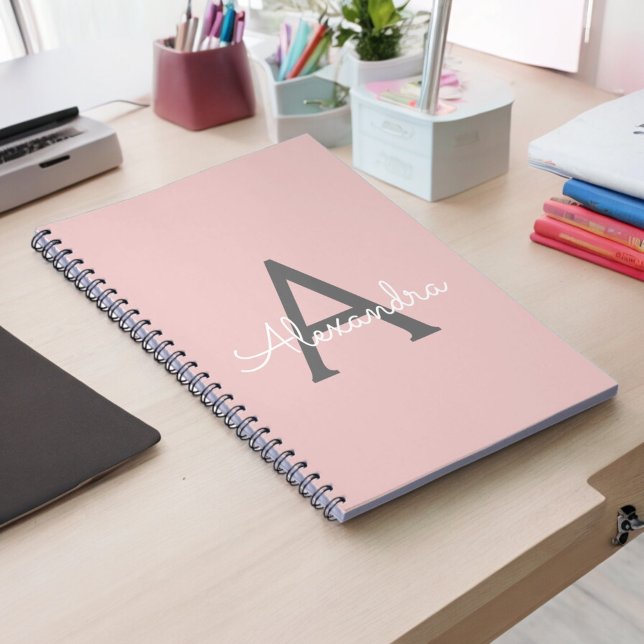 Blush Pink Grey Modern Script Girly Monogram Name Notebook (Creator Uploaded)