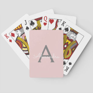 Blush Pink Grey Modern Script Girly Monogram Name Playing Cards