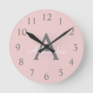 Blush Pink Grey Modern Script Girly Monogram Name Round Clock
