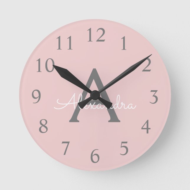 Blush Pink Grey Modern Script Girly Monogram Name Round Clock (Front)