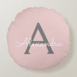Blush Pink Grey Modern Script Girly Monogram Name Round Cushion<br><div class="desc">Blush Pink and Grey Simple Script Monogram Name Pouf Pillow. The pillow makes the perfect sweet 16 birthday,  wedding,  bridal shower,  baby shower or bachelorette party gift for someone decorating her room in rose gold.</div>