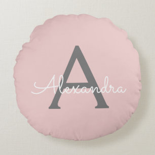 Blush Pink Grey Modern Script Girly Monogram Name Round Cushion