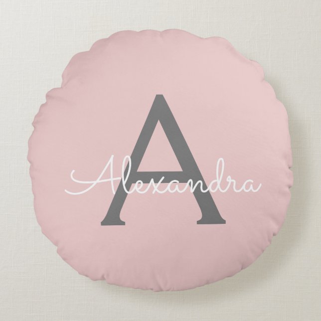 Blush Pink Grey Modern Script Girly Monogram Name Round Cushion (Front)