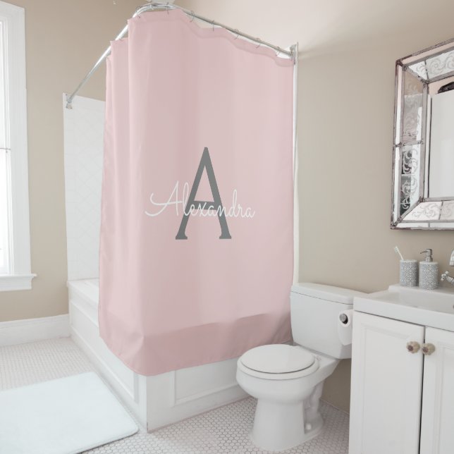Blush Pink Grey Modern Script Girly Monogram Name Shower Curtain (In Situ)