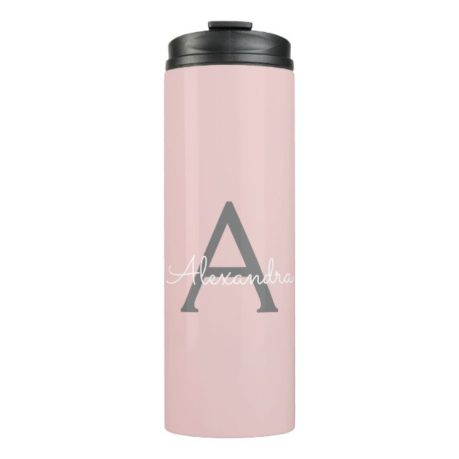Blush Pink Grey Modern Script Girly Monogram Name Thermal Tumbler (Front)
