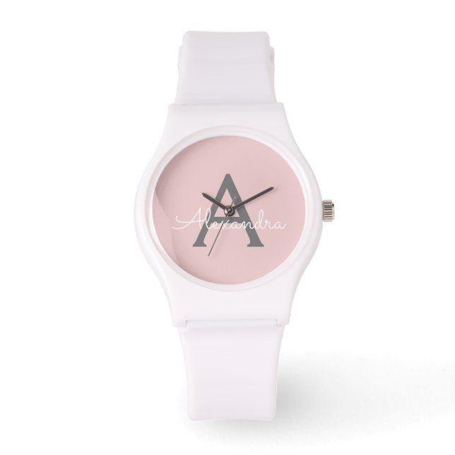 Blush Pink Grey Modern Script Girly Monogram Name Watch (Front)