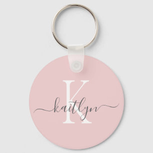 Blush Pink Grey Name Initial Monogram Key Ring