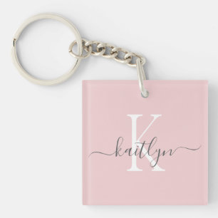 Blush Pink Grey Name Initial Monogram Key Ring