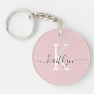 Blush Pink Grey Name Initial Monogram Key Ring