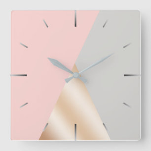 Blush pink, grey & rose gold geometric triangles square wall clock