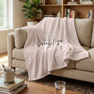 Blush Pink Grey Script Monogram Name Fleece Blanket