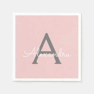 Blush Pink Grey Script Monogram Name Modern Napkin