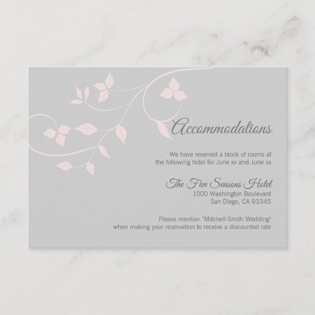Blush Pink Grey Vine Wedding Accommodation Card (Front)