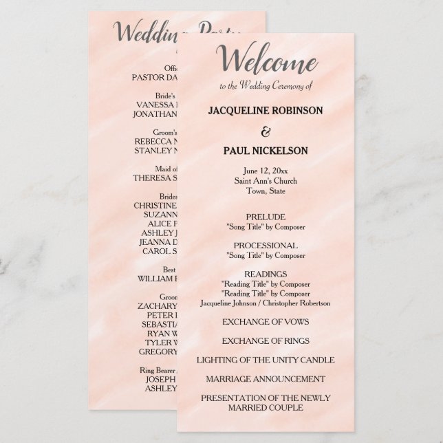 Blush Pink Grey Watercolor Wedding Program (Front/Back)