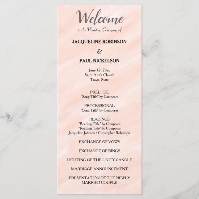 Blush Pink Grey Watercolor Wedding Program (Front)