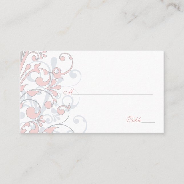 Blush Pink, Grey, White Floral Wedding Place Cards (Front)