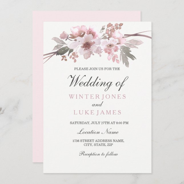 Blush Pink & Grey Winter Floral Wedding Invitation (Front/Back)