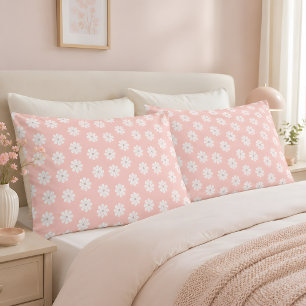 Blush Pink Groovy White Daisy Floral Pillowcase