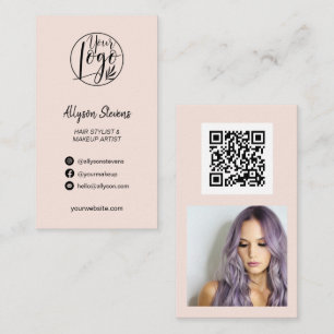 Blush pink hair makeup photo logo simple qr code business card