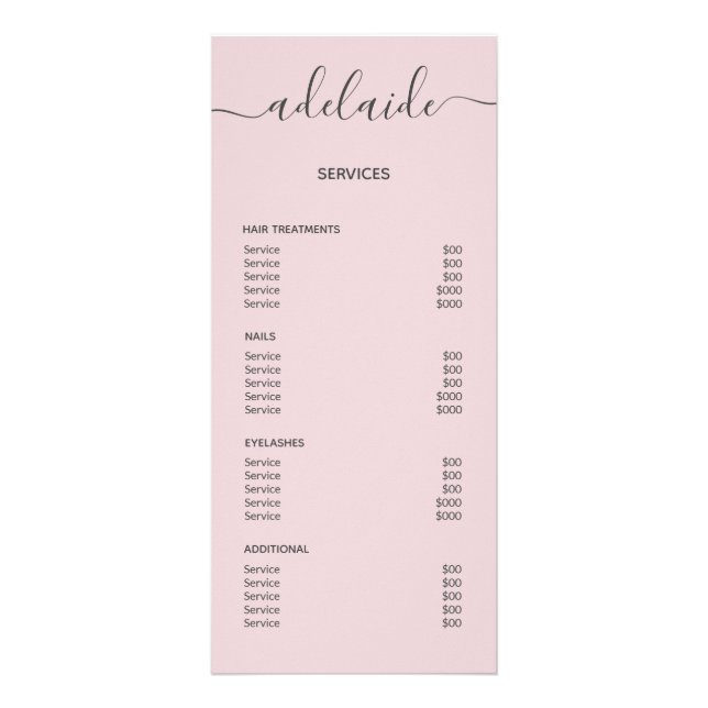 Blush Pink Hair Stylist Price List Service Menu (Back)