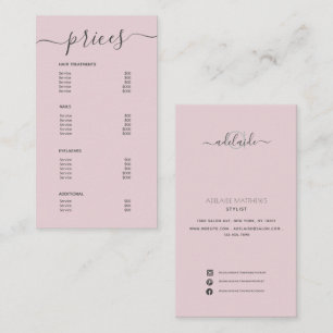 Blush Pink Hair Stylist Price List Service Menu Business Card