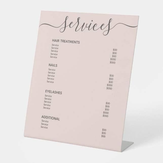 Blush Pink Hair Stylist Price List Service Menu Pedestal Sign (Front)