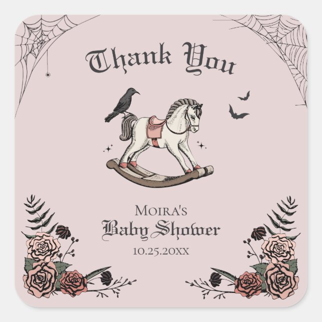 Blush Pink Halloween Baby Shower Thank You Square Sticker (Front)