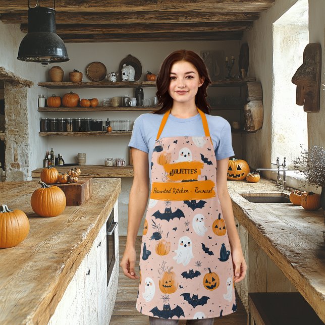 Blush Pink Halloween with Ghosts, Pumpkins, Bats Apron (Creator Uploaded)
