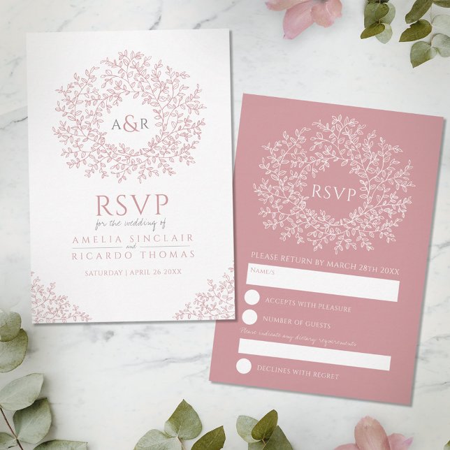 Blush pink hand drawn leaf monogram RSVP wedding Card (Creator Uploaded)