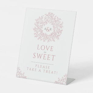 Blush pink hand drawn leaf monogram wedding sweet pedestal sign