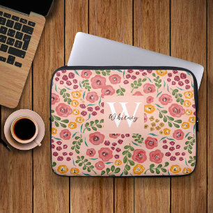 Blush Pink Hand-painted Mixed Floral Name Monogram Laptop Sleeve