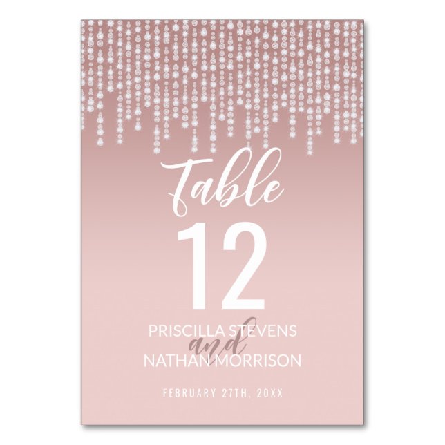 Blush Pink Hanging Diamond Lights Table Number (Front)