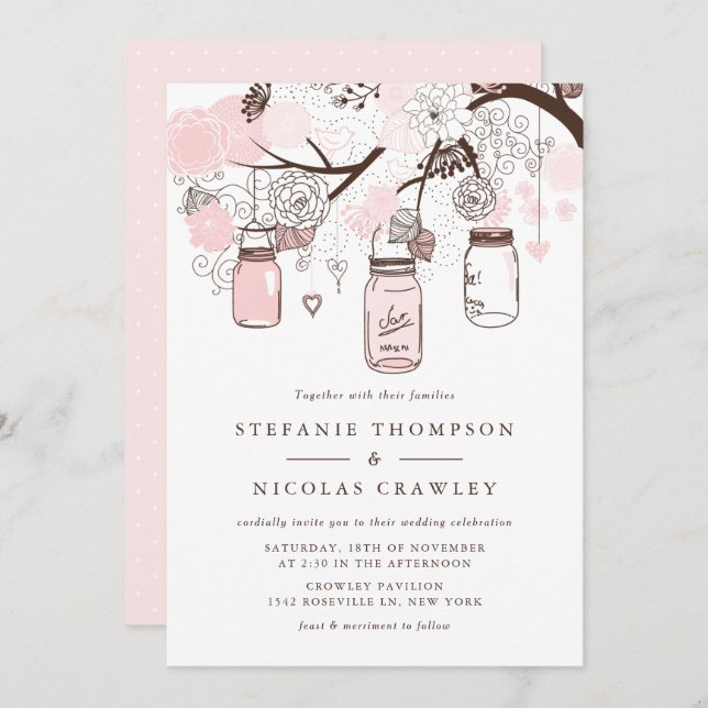 Blush Pink Hanging Mason Jars Wedding Invitation (Front/Back)