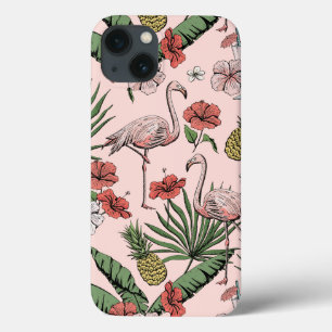 Blush Pink Hawaiian Floral Flamingo iPhone 13 Case