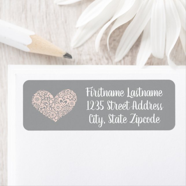 Blush Pink Heart Grey Wedding Return Address Label (Insitu)
