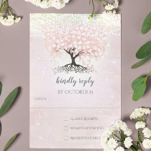 Blush Pink Heart Leaf Tree Country Wedding RSVP Invitation