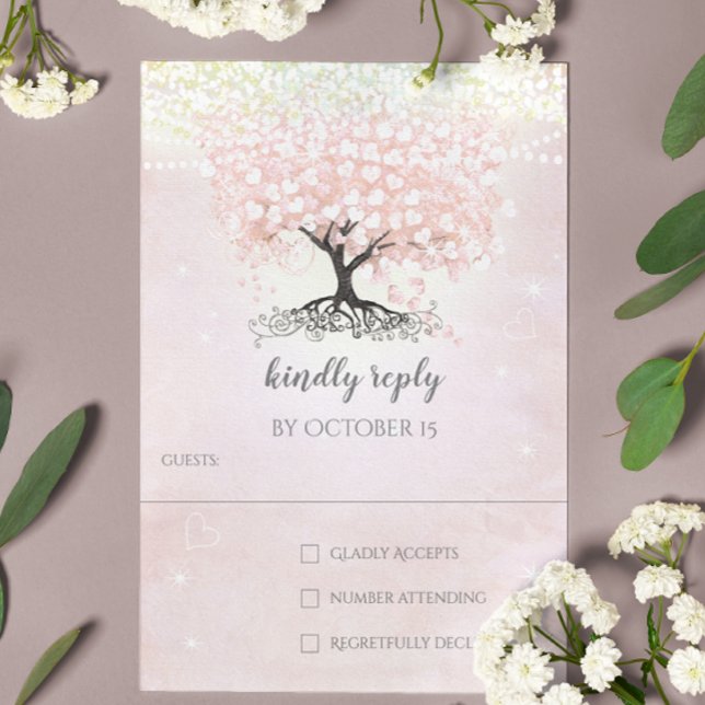 Blush Pink Heart Leaf Tree Country Wedding RSVP Invitation (Creator Uploaded)