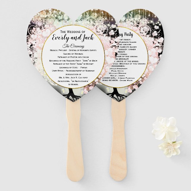 Blush Pink Heart Leaf Tree Wedding Program Black Hand Fan (Front and Back)