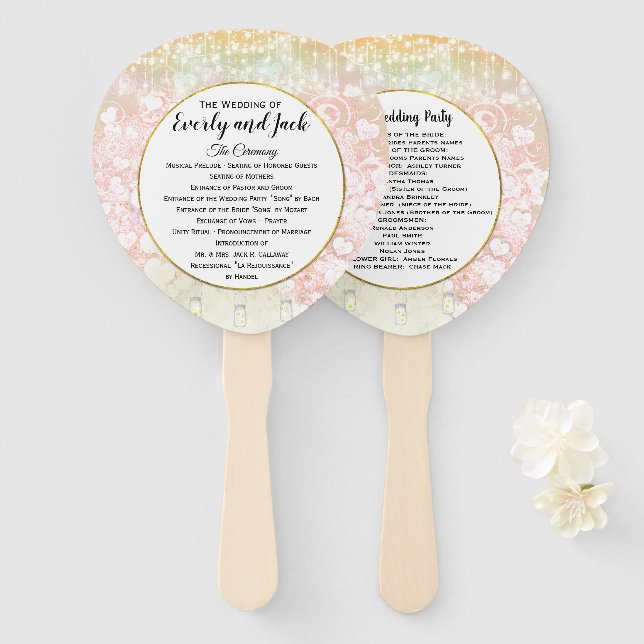 Blush Pink Heart Leaf Tree Wedding Program Hand Fan (Front and Back)