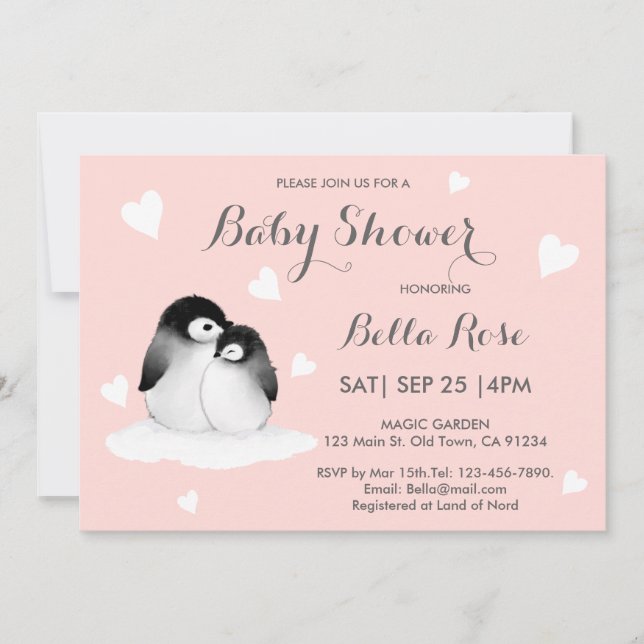 Blush Pink Heart Penguin Baby Shower Invitations (Front)